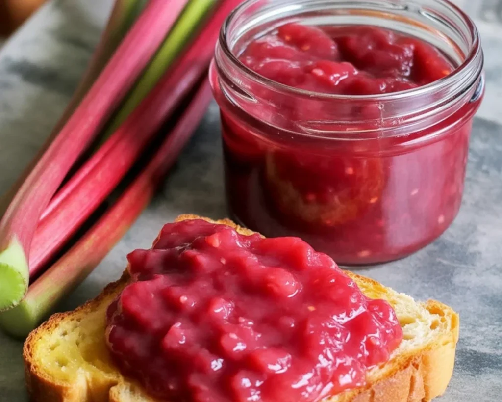 Recette de beurre de rhubarbe sucré avec du miel et de la rhubarbe fraîche.