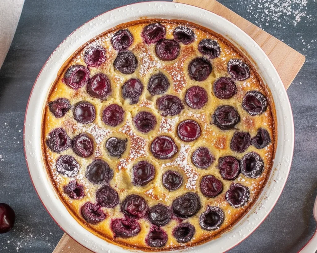 Traditional Clafoutis aux cerises with fresh cherries and flan-like batter.