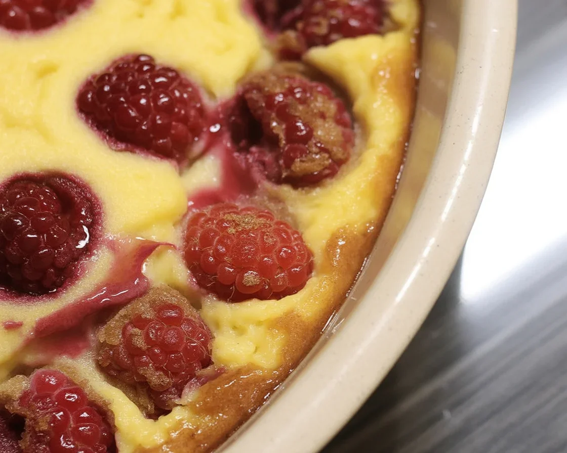 Clafoutis aux framboises servie avec du sucre glace