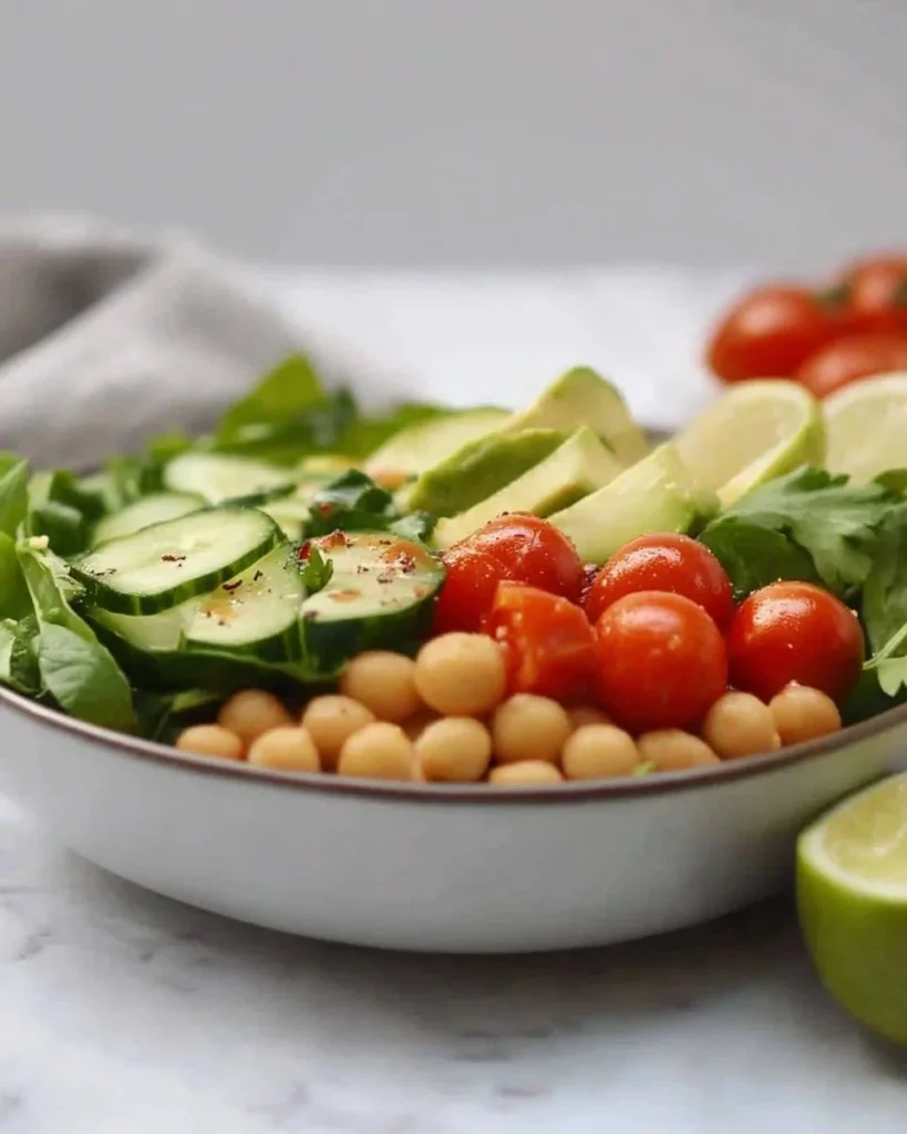 Salade de pois chiches colorée et fraîche avec légumes et vinaigrette