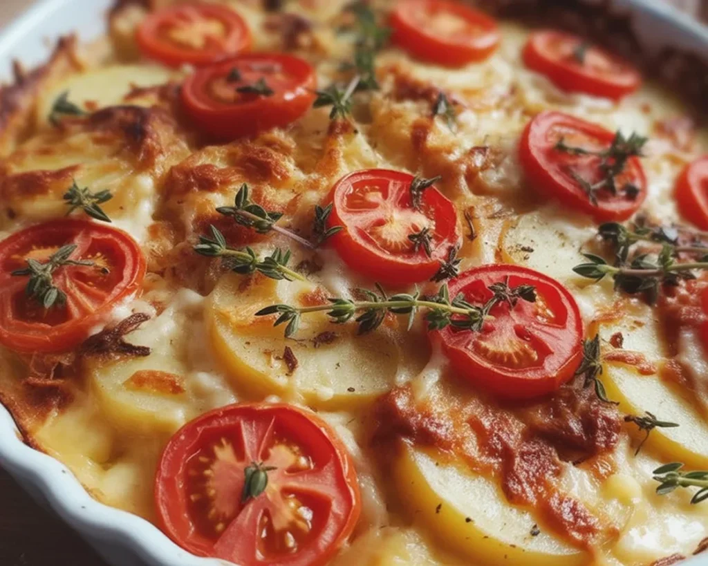Gratin de pommes de terre, tomates et mozzarella cuit au four, plat savoureux et réconfortant.