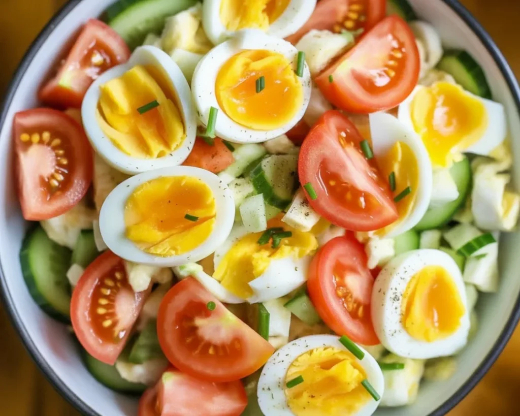 Salade de pâtes au surimi et œufs durs servie dans un saladier coloré.