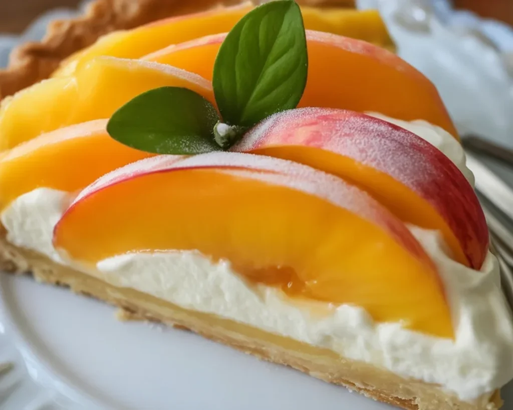 Tarte au mascarpone et à la pêche avec pâte sablée et crème onctueuse.