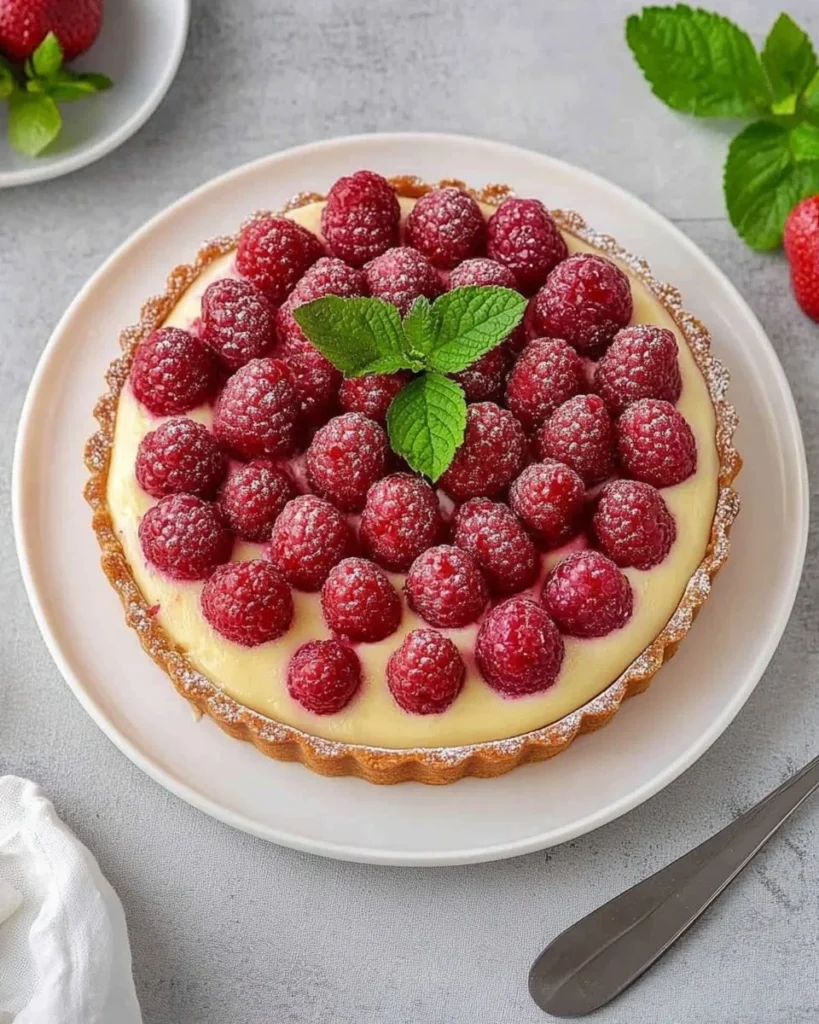 Tarte aux framboises avec mousse au chocolat blanc, dessert gourmand et coloré.