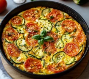Frittata aux courgettes et tomates servie dans une assiette